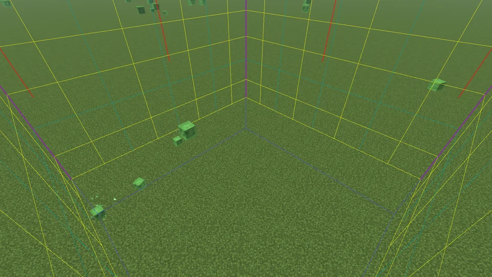 Slimes inside the yellow and blue chunk-border walls of one chunk on a superflat world
