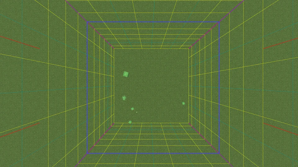 Green slimes on flat grass inside a yellow chunk-border outline seen from above