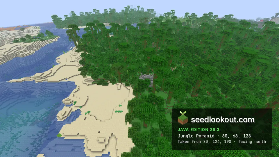 Jungle temple at the edge of tall jungle trees above a sandy beach with sea turtles