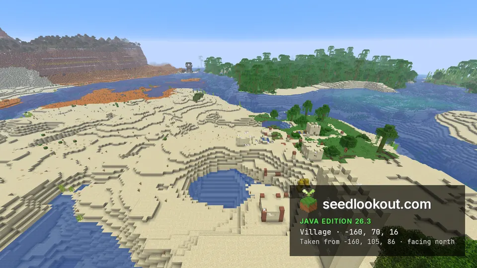 Abandoned desert village of cobweb-covered sandstone houses and a tower, jungle across the river, badlands behind