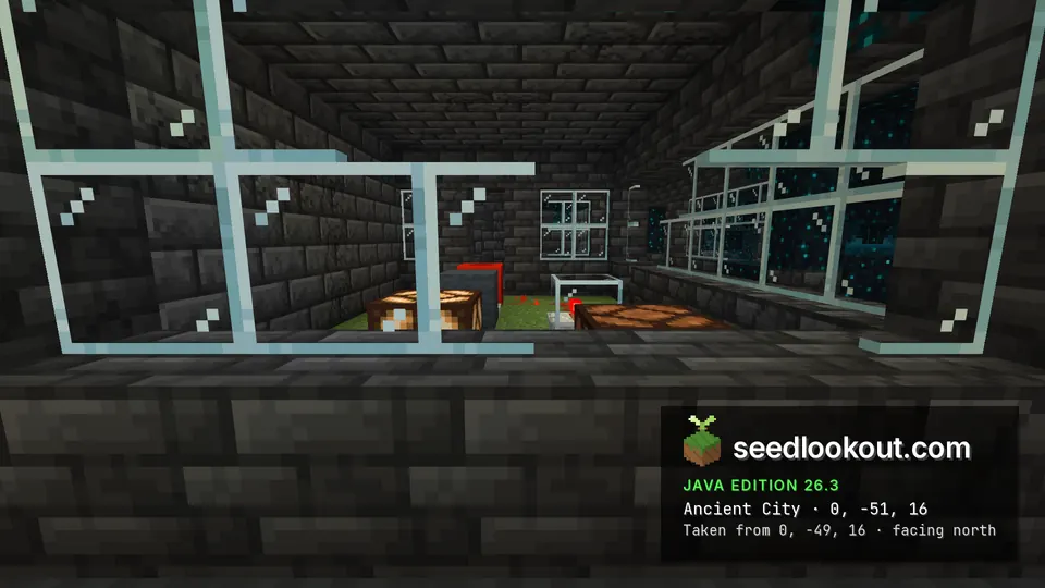 Glass windows in the ancient city looking into a room with redstone lamps and wiring, sculk at the right
