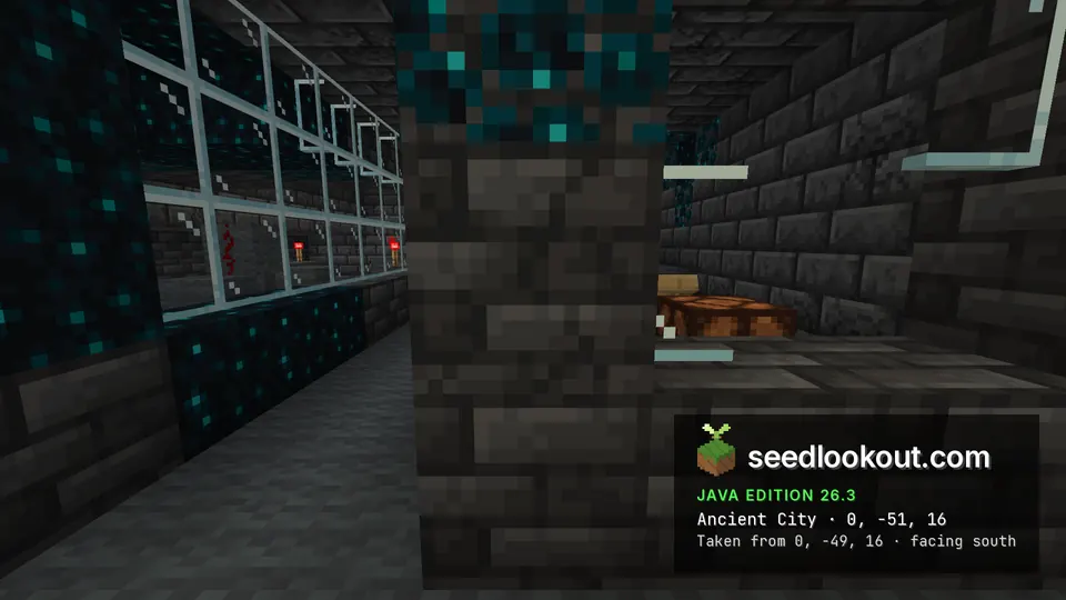 Sculk-topped deepslate pillar with redstone torches behind glass to the left and a redstone lamp to the right