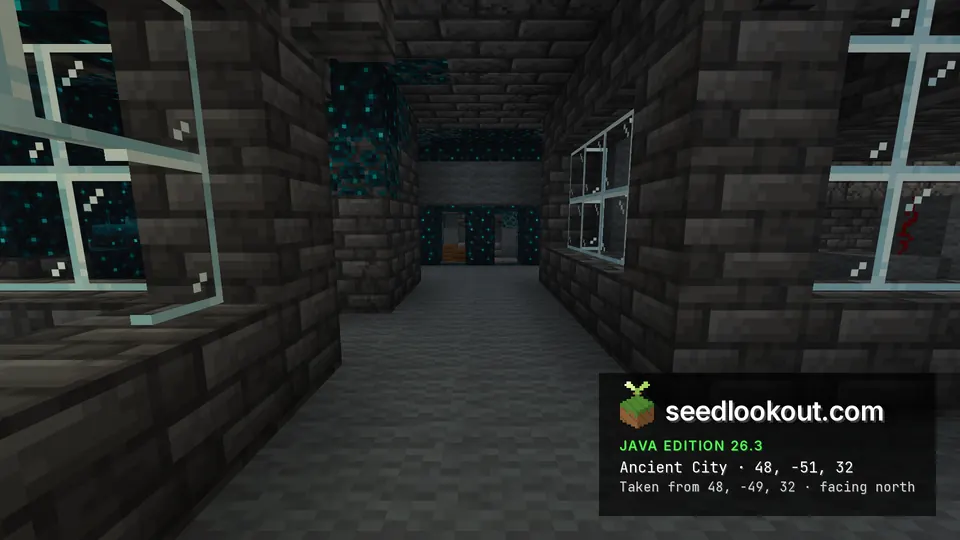 Deepslate brick corridor in the ancient city with glass windows and sculk on the walls