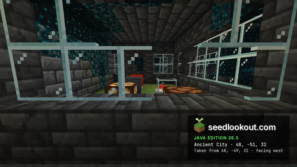 Glass-walled room in the ancient city with redstone lamps and wiring, sculk around the windows