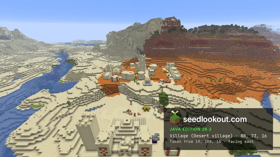Sandstone village viewed from the west with a temple, orange badlands and a small dark portal tip nearby