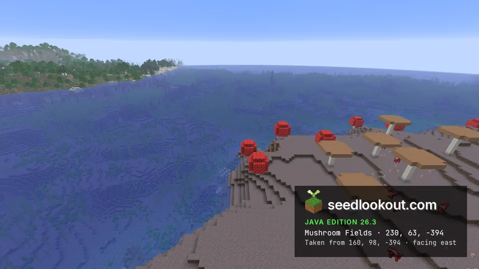 Giant mushrooms and visible mooshrooms along the stepped mycelium shore