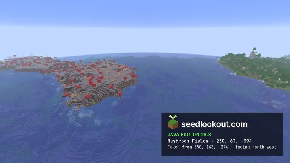 Wide mushroom island view with ocean channels and distant green coastline