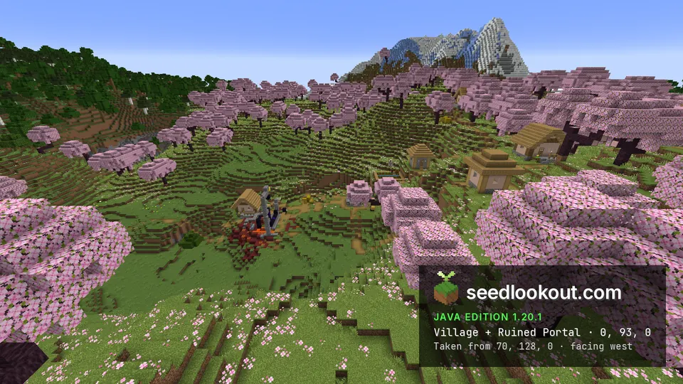 Wioska z równin w grze Minecraft w dolinie różowego wiśniowego gaju, z ruinami portalu i ośnieżoną górą w tle