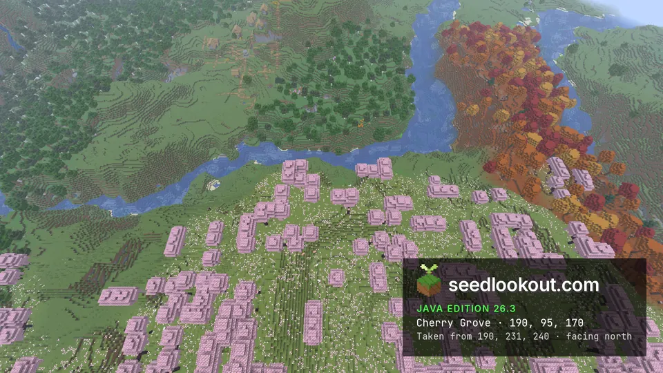Pink cherry trees above a river, red and orange forest to the right and village houses across the water