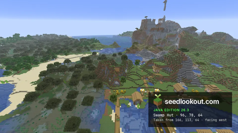 Wooded village shoreline around the verified swamp hut, whose distant roof is difficult to identify
