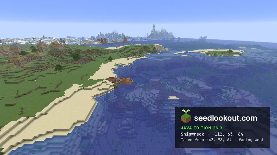 Wooden shipwreck hull visible beside the coastal shore with green terrain rising behind it