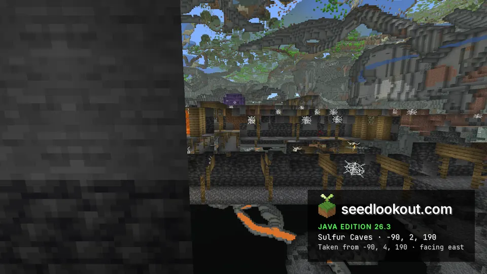 Spectator cutaway near checked sulfur caves with wooden supports, a purple crystal pocket and clipped terrain