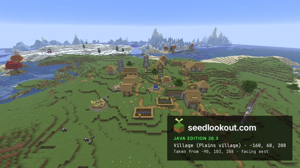 Coastal plains village viewed from the east, with houses and paths along a green shelf beside ocean