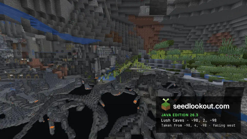 Spectator cutaway of a green lush cave shelf with hanging growth and water, surrounded by clipped gaps