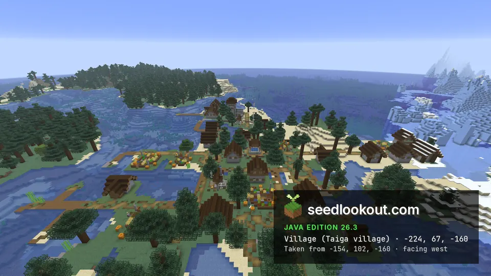 Taiga village roofs and wooden paths along a sandy coast beside blue water and spruce forest