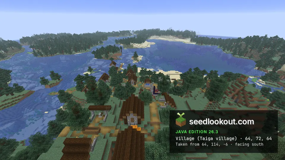 Taiga village roofs and paths between spruce-covered slopes and a sandy coastline beside blue water