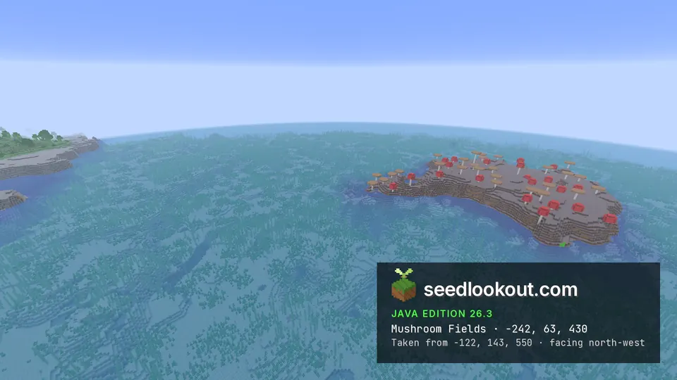 Wide view of the curved mushroom island in ocean with distant green land