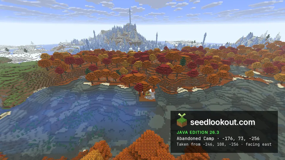Small tent on a ledge at a lake’s edge, red and orange trees behind and a field of blue ice spikes beyond. In-game screenshot, Java 26.3.