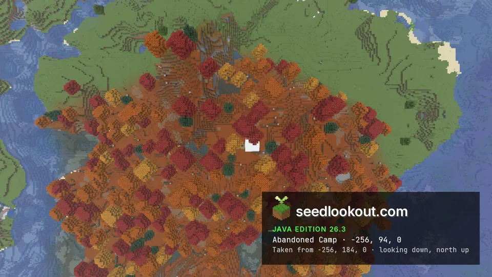 Overhead view of a small white camp tent tucked into a red and orange forest canopy