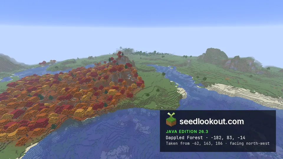 Wide view of red and orange dappled forest covering slopes beside a winding river