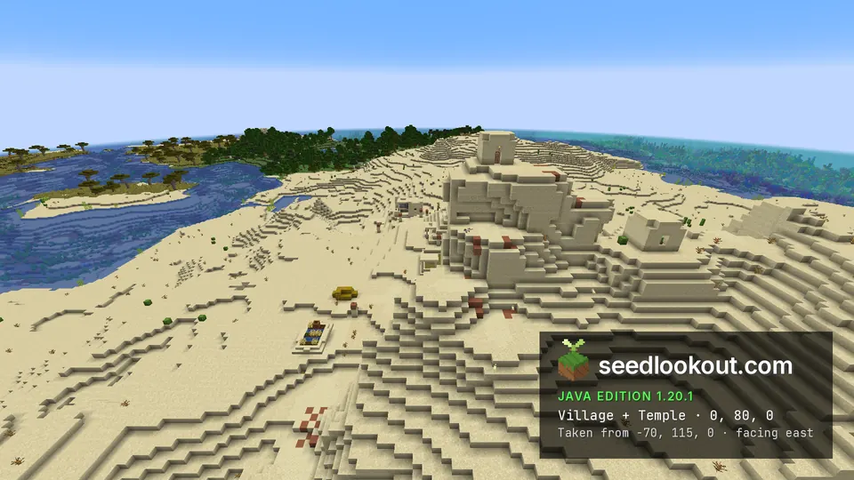 Village homes follow the side of a sandstone hill near water and desert dunes