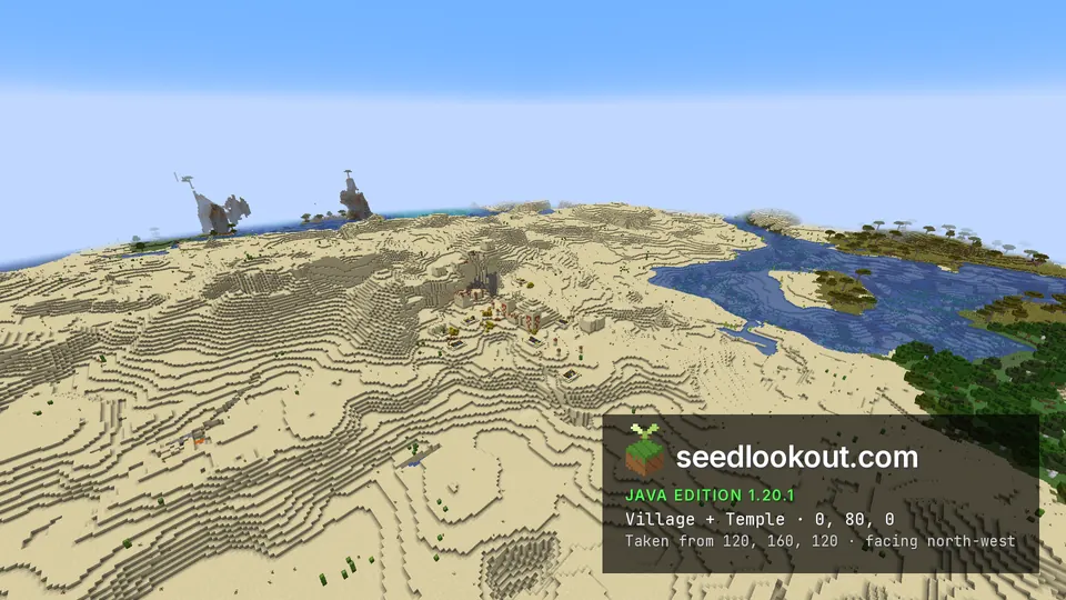 Wide view of the village and sandstone rise beside dunes and blue water