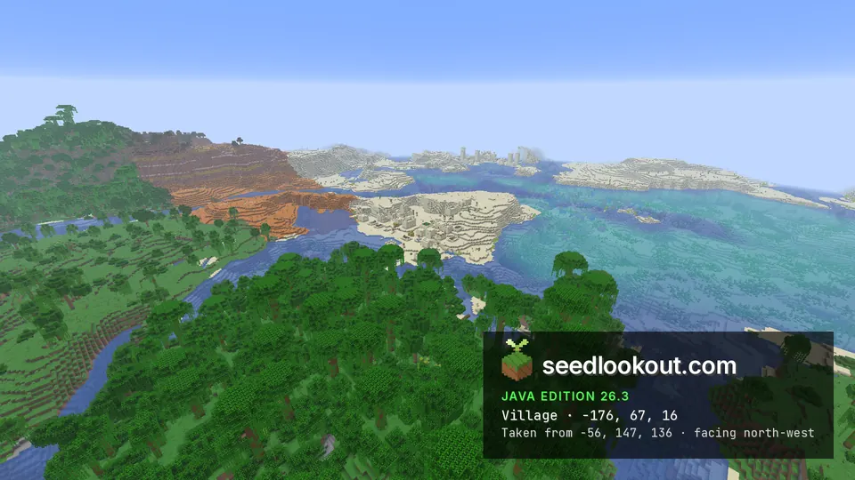 Desert village on a sandy point in turquoise water, jungle in front and an orange badlands hill to the left
