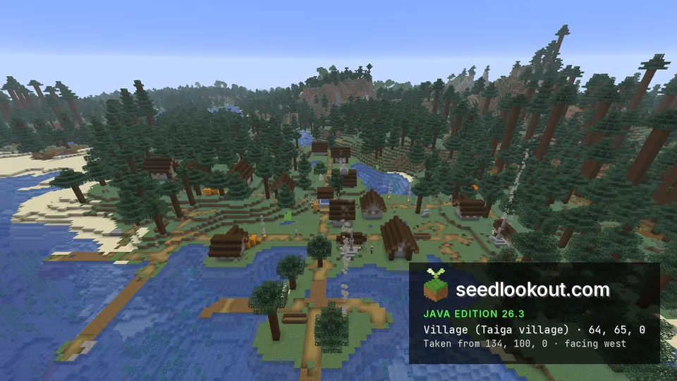 Wooden village houses beside coastal sand and blue water, backed by a dense spruce forest