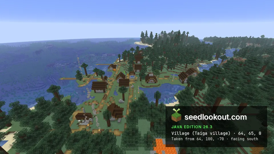 Taiga village roofs and paths along a wooded coast, beside open sea and sandy banks
