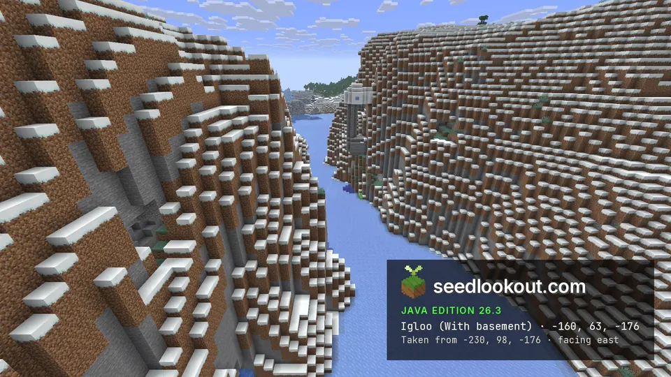 纖細灰色柱頂上的雪造圓頂,柱子從陡峭雪崖之間的結冰河流升起