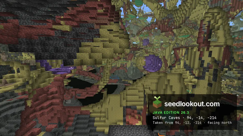 Spectator cutaway showing yellow underground formations and purple crystal pockets, with terrain clipping