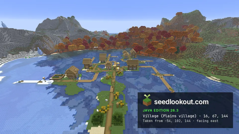 Plains village houses and wooden paths crossing a lake below red and orange forest and exposed stone hills