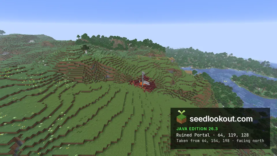 Broken obsidian ruined portal with netherrack and magma on a grassy hillside, a village house and lake to the right