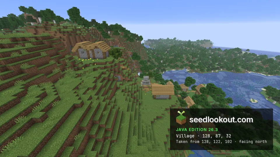 Plains village houses and a well on a terraced grassy slope above a lake, forest beyond