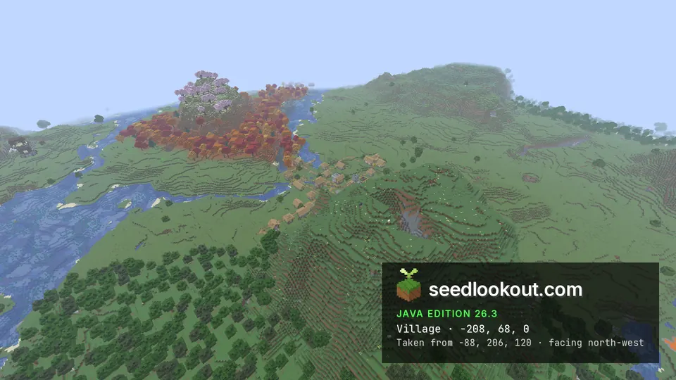 Plains village along a river at the foot of a grassy hill, a hill of red, orange and pink trees beyond