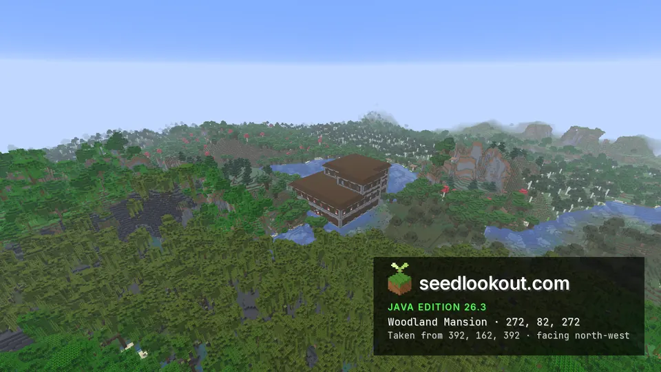 Woodland mansion at the edge of a lake in dark forest with giant red mushrooms, rocky hills to the right