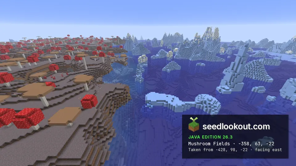 Mushroom-covered gray shore seen across open blue water near pale icebergs