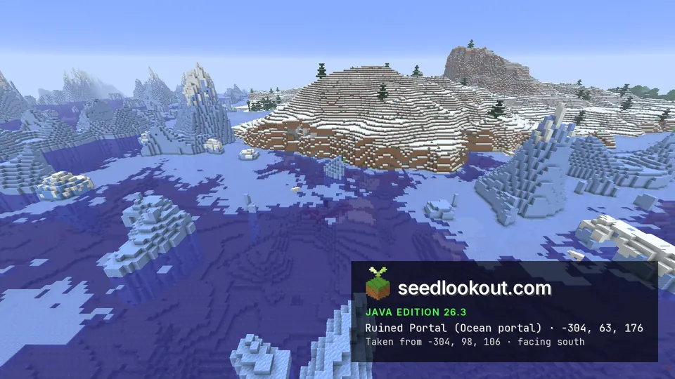 Snowy coast and ice above a confirmed submerged ocean portal, with its frame hidden beneath the water