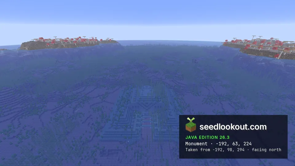 Stepped ocean monument roof visible beneath the water with mushroom land beyond
