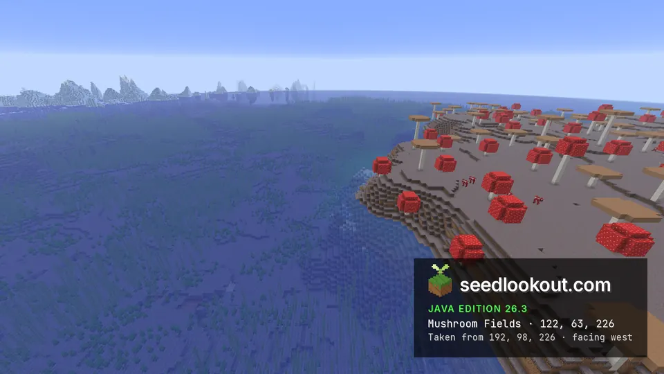 Stepped mushroom island shoreline with giant mushrooms above the surrounding water