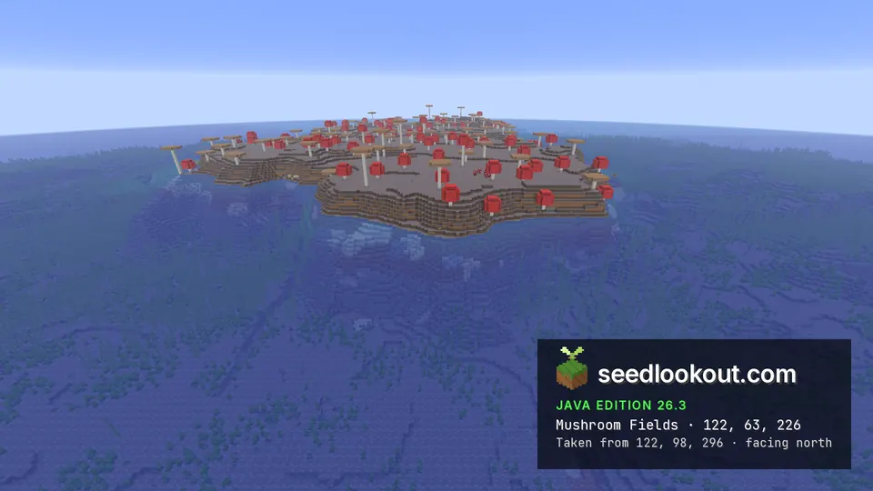 Mycelium island covered in giant red and brown mushrooms rises from the ocean