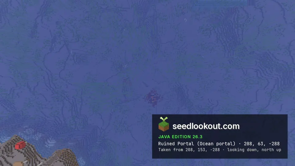 Overhead ocean water with a small dark and red portal patch visible deep on the seabed