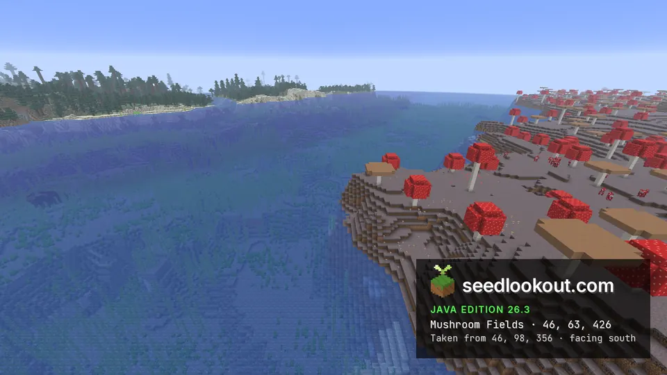 Gray mushroom-covered shore with red and brown mushrooms across blue ocean water