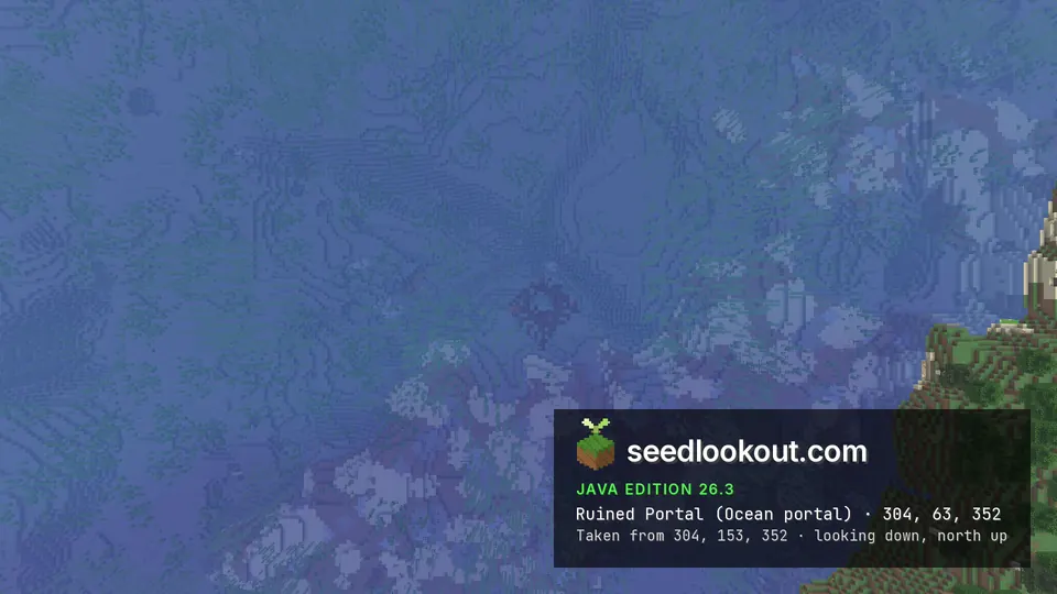 Overhead blue water above a confirmed ocean portal with only a faint patch visible on the seabed