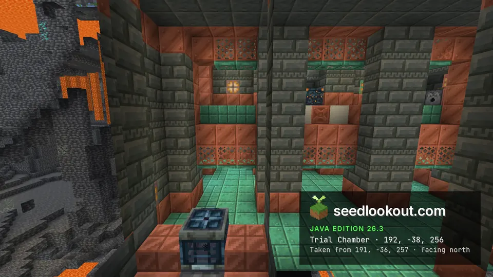 Spectator view of copper and tuff pillars in a trial chamber room with terrain clipping at the edges
