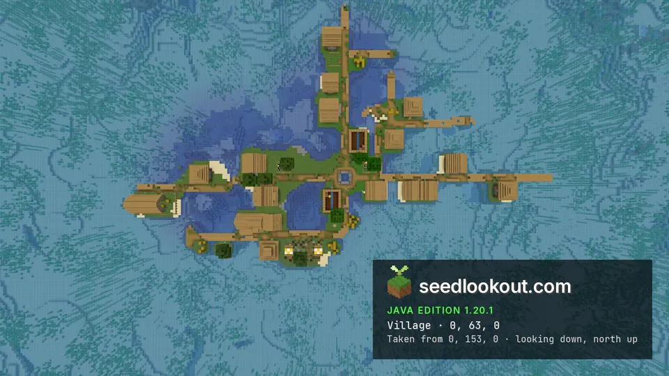 Overhead small ocean village with farms and branching wooden paths
