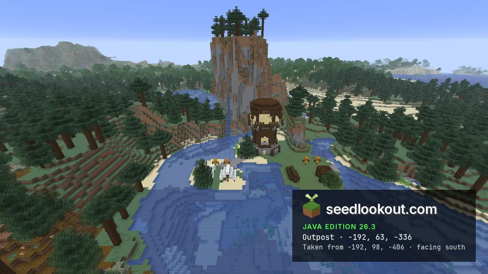 Pillager outpost tower beside water below a steep cliff topped with green trees