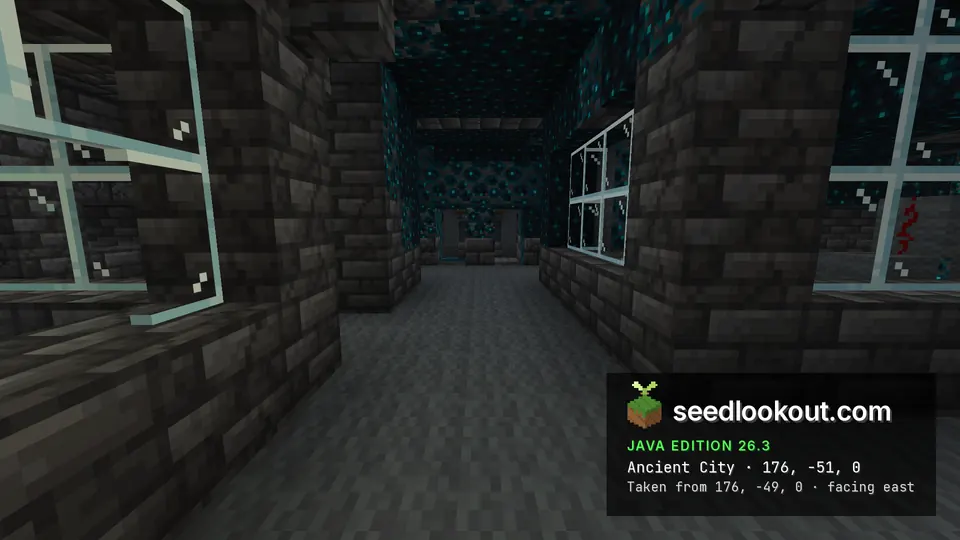 Spectator view along a deepslate ancient-city corridor with glass panes and sculk across the ceiling