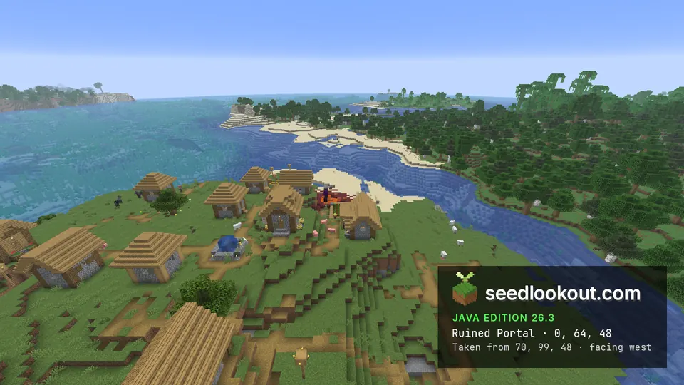 Exposed obsidian ruined portal on netherrack beside village houses, a sandy shore and a water channel