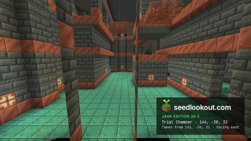 Underground trial chamber with tuff brick walls, copper trim, green copper flooring and a trial spawner